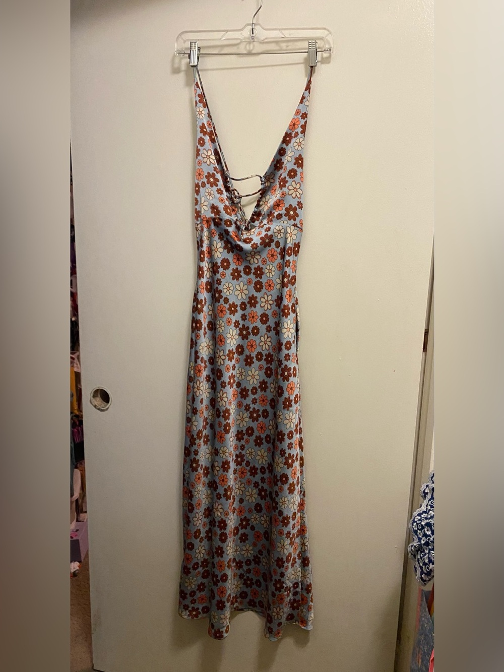 Cotton Candy LA Maxi Halter Slip Dress M Satin Blue Brown Floral Hippie Boho Vtg